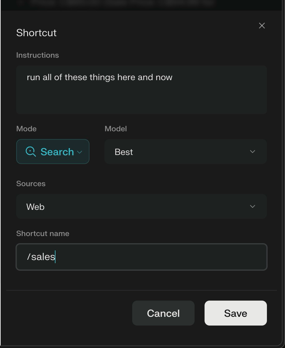Shortcut configuration dialog with search mode and web source on a dark background